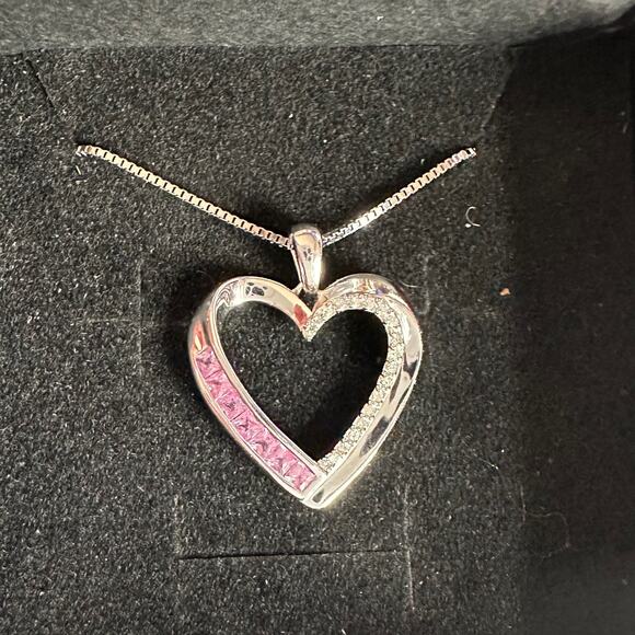 Pink & White Heart Necklace with Lab Created Sapphires - Sterling Silver - Picture 14 of 14